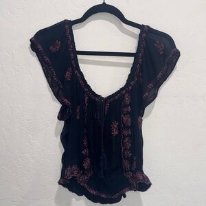 Free People Navy Blouse with Embroidery